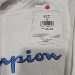 Champion White Sweatshirt with Blue Embroidered Script